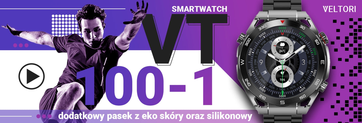 Smartwatch VELTORI VT100-1 + Czarny Pasek Silikonowy + Czarny Eko Skóra