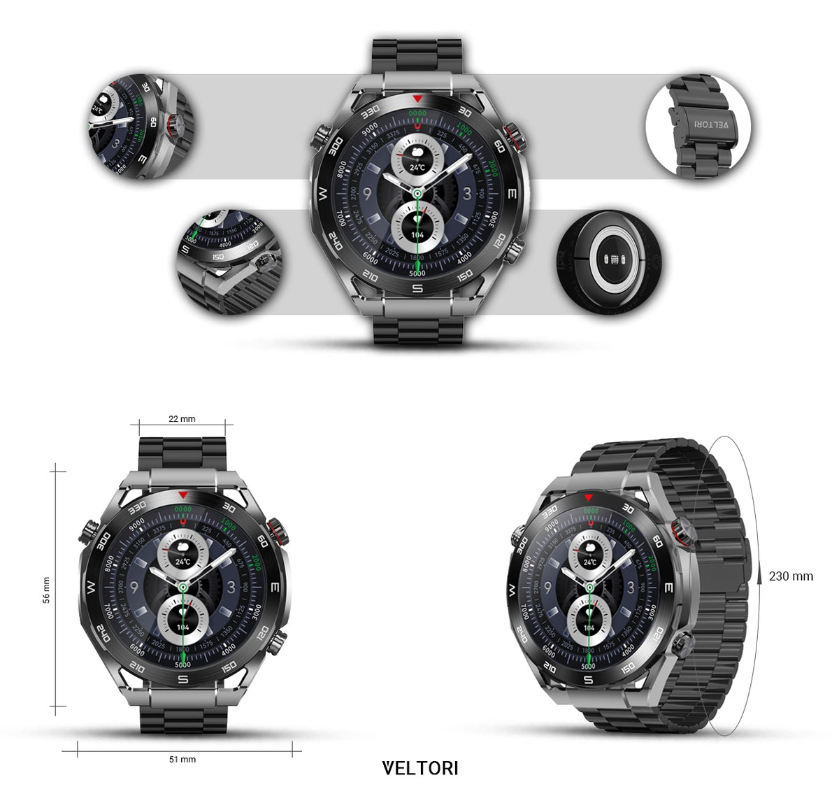 Smartwatch VELTORI VT100-1 + Czarny Pasek Silikonowy + Czarny Eko Skóra