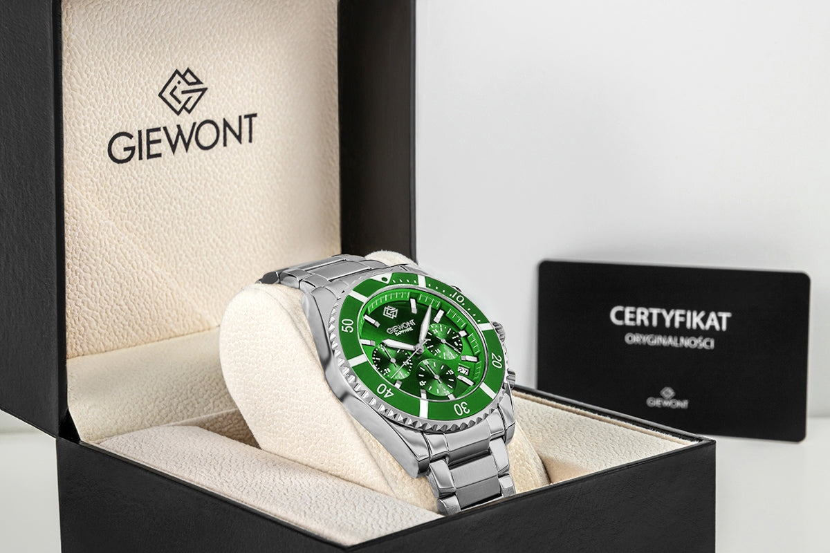 Zegarek Męski Giewont Chronograph Sapphire Srebrno Zielony GW3970-B8