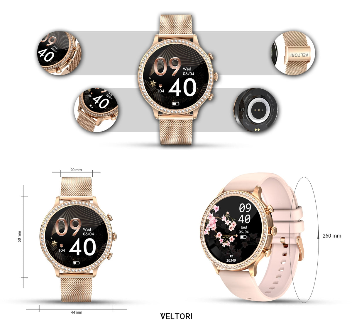 Smartwatch Damski VELTORI VT310-1 Złota Bransoleta + Różowy Pasek Silikonowy